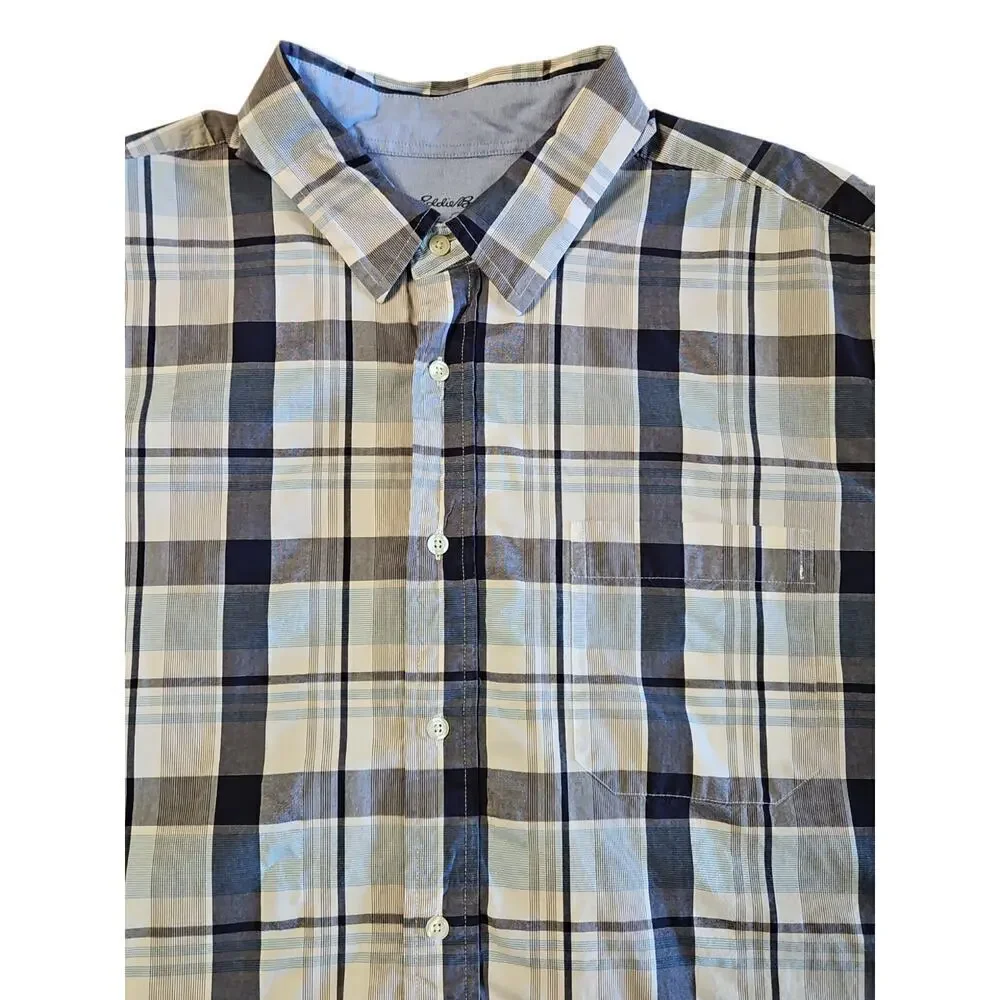 Eddie Bauer‎ Men's Blue Gray Plaid Vintage Wash Button Up Shirt Sz XXL